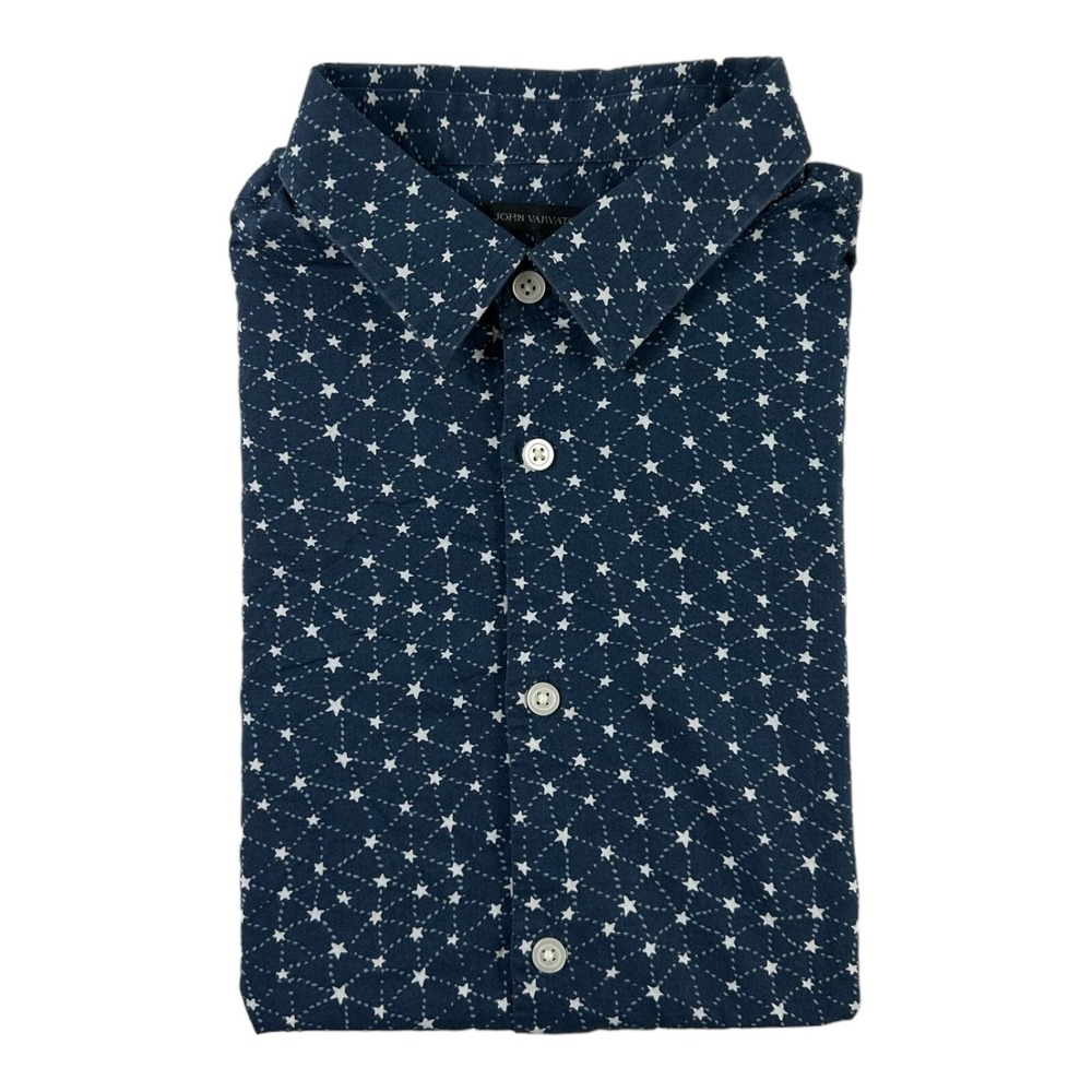 John Varvatos Star Print Short Sleeve Button Front Shirt Mens Small Blue White